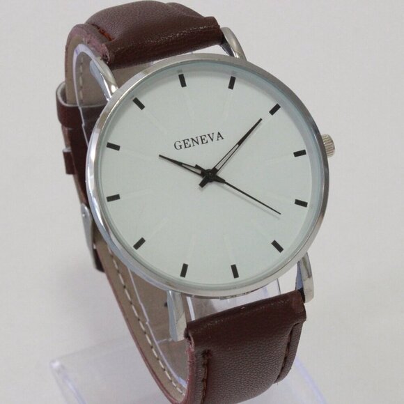 Men's Minimalist Fashion Watch Silver Case White Dial Brown Strap 40mm - Picture 2 of 14